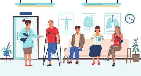 People wait in hospital. Appointment queue in clinic, disabled injured patient Stock Illustration