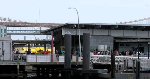 People wait in line on the Pier 11 / Wall St. Ferry Terminal in Manhattan Stock Footage 77745690