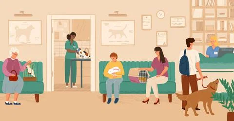 People wait in line on reception in veterinary clinic concept vector Stock Illustration