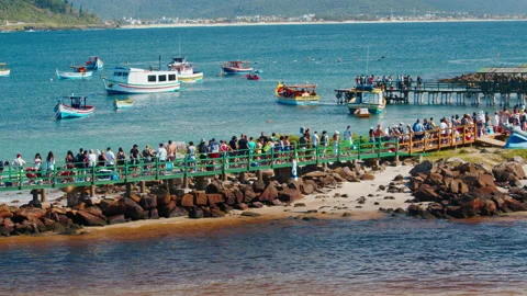 People wait in the queue to the transfer boat during New Year holidays in Brazil Stock Footage 229636835