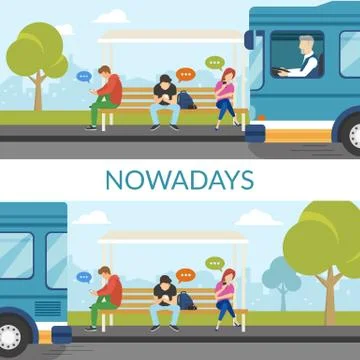 People waiting a bus and using gadgets at this time Illustrazione stock