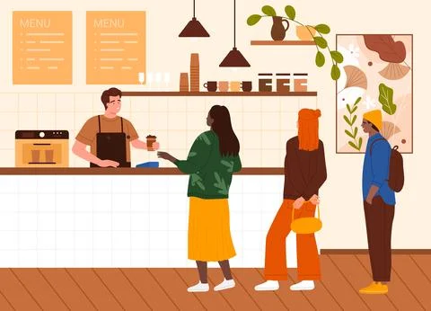 People Waiting in Cafe Queue Scene Illustrazione stock