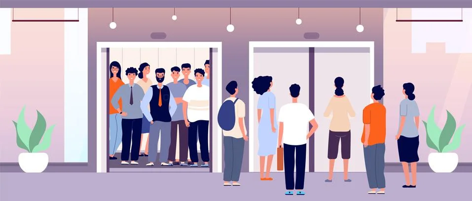 People waiting elevator. Crowd stands, persons front closed lift doors Stock Illustration