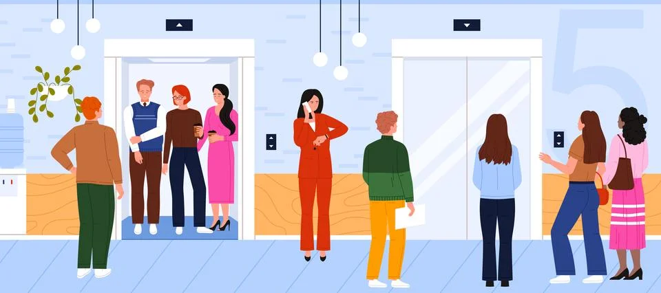 People Waiting in Line for Elevator Access Stock Illustration