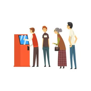 People Waiting in Line Queue to Draw Money from Automated Teller Machine, Man Illustrazione stock