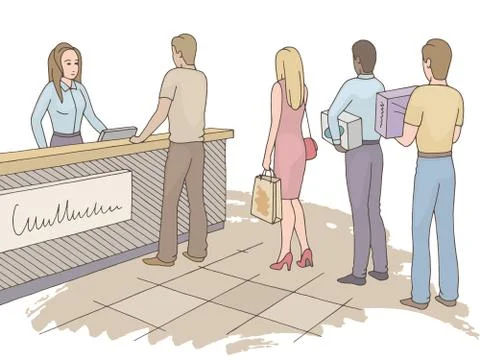 People waiting in line queue. Shop graphic color sketch illustration vector.  Stock Illustration