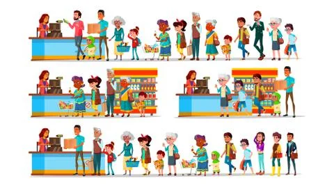 People Waiting In Long Queue To Cashier Set Vector Stock Illustration