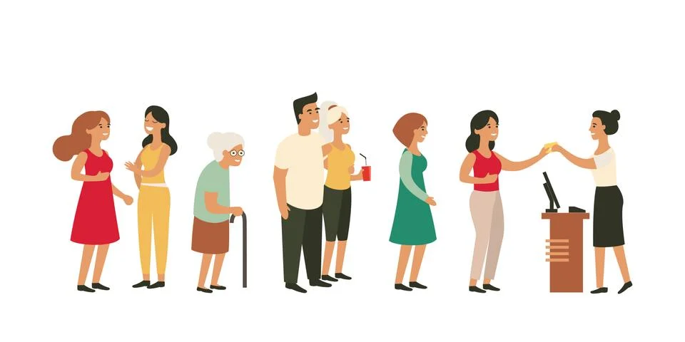 People waiting in long queue with old woman Stock Illustration