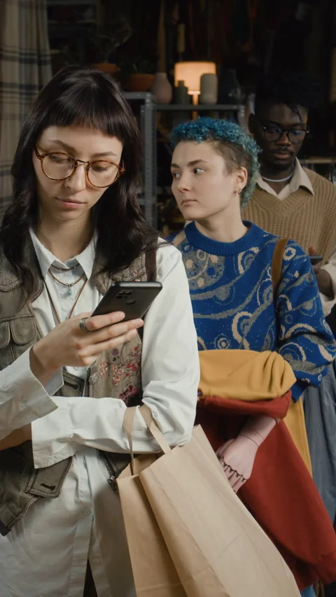 People Waiting to Pay for Secondhand Clothes in Modern Thrift Store Stock Footage 328366845