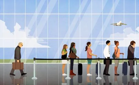 People waiting in queue at airport security Illustrazione stock
