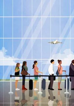 People waiting in queue at airport security Stock Illustration