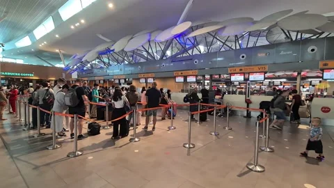 People waiting in queue for boarding passes inside an airport 스톡 동영상 235314642