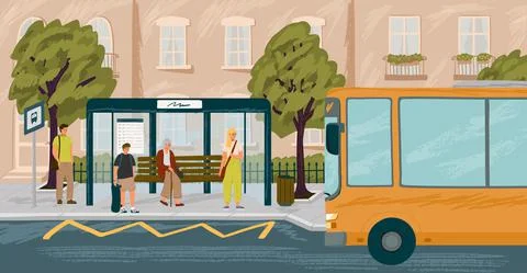 People waiting in queue on bus stop vector illustration. Bus arriving to station Stock Illustration