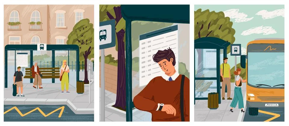 People waiting in queue on bus stop vector illustration set. Man looks at bus Stock Illustration