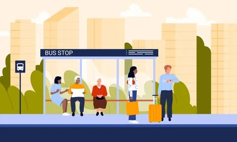 People Waiting In Queue At Bus Stop Stock Illustration