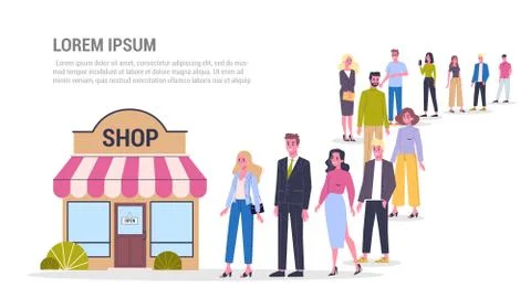 People waiting in queue to the shop. Crowd going to the store. イラスト素材