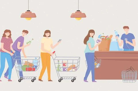 People waiting in queue supermarket イラスト素材