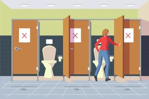 People waiting on queue to use public women toilet Stock Illustration