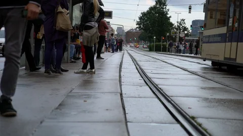 People waiting for train subway at stop 스톡 동영상 122174308