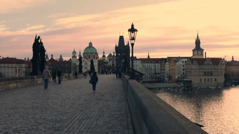 People walk on the Charles Bridge Stock Footage 132333604