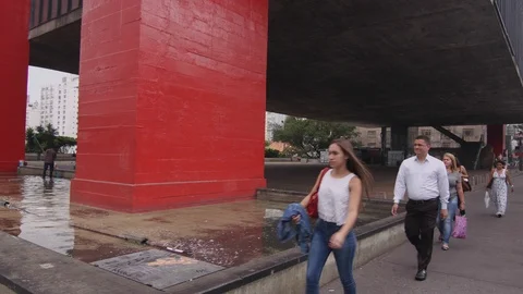 People walk on a cloudy day in front of the MASP Stock-Footage 86689639