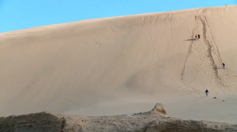 People walk down the face of huge sand dune wide view Video stock 39564309