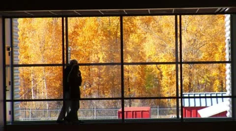 People walk by large windows with fall leaves Stock Footage 21534433