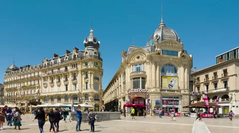 People walk on the Place de la Comédie square timelapse Stock Footage 59084761