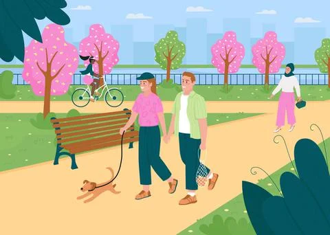People walk in springtime park flat color vector illustration 스톡 일러스트