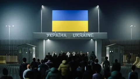 People walk through the border checkpoint gate to Ukraine at night - 3D Stock Illustration