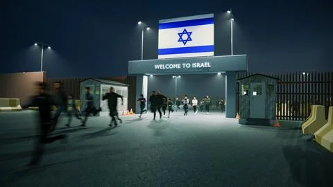 People walk through the border checkpoint gate to ISRAEL at night - 3D rendered Stock Illustration