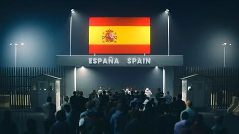 People walk through the border checkpoint gate to Spain at night - 3D rendered Illustrazione stock