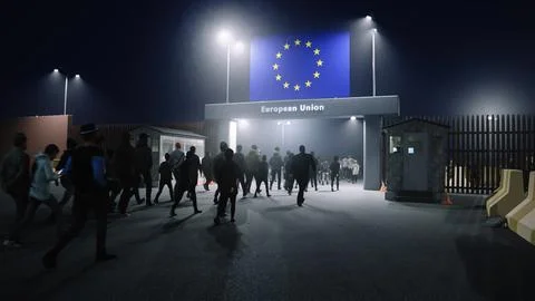 People walk through the border checkpoint gate to Europe union - 3D rendered Stock Illustration