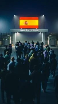 People walk through the border checkpoint gate to Spain at night - 3D rendere Stock Illustration