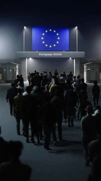 People walk through the border checkpoint gate to Europe union - 3D rendered Stock Illustration