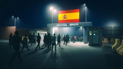 People walk through the border checkpoint gate to Spain at night - 3D rendere Stock Illustration