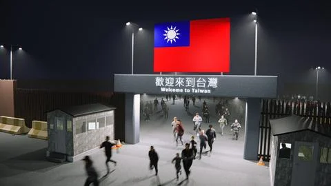 People walk through the border checkpoint gate to Taiwan at night - 3D render Stock Illustration