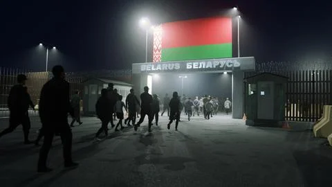 People walk through the border checkpoint gate to Belarus - 3D rendered illus Stock Illustration