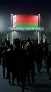 People walk through the border checkpoint gate to Belarus at night - 3D ren.. Stock Illustration