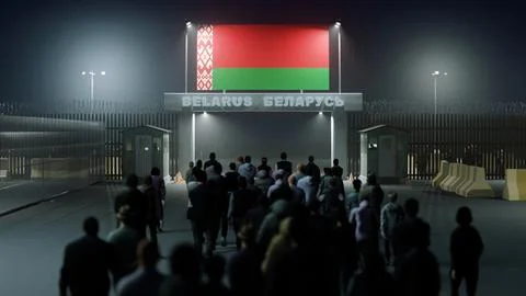 People walk through the border checkpoint gate to Belarus - 3D rendered illus Stock Illustration