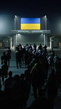 People walk through the border checkpoint gate to Ukraine at night - 3D ren.. Stock Illustration