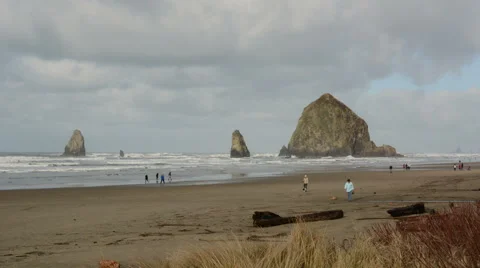 People Walking along Beach - Haystack Rock, Cannon Beach Stock-Footage 45450317