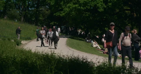 People Walking Along Curved Path in Maksimir Park Stock Footage 336028906