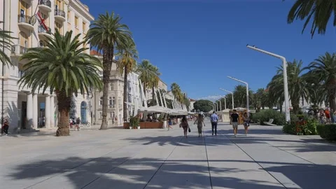 People walking along the Riva in Split, Croatia. Slow motion Stock Footage 219402428