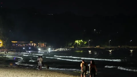 People walking along the sandy beach at night Stock Footage 341376800