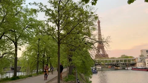 People walking along the Seine river with the Eiffel Tower Stock Footage 336425713