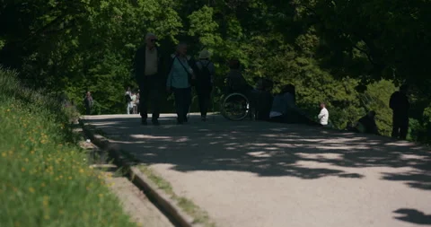 People Walking Along Shaded Path in Maksimir Park Stock Footage 336028990