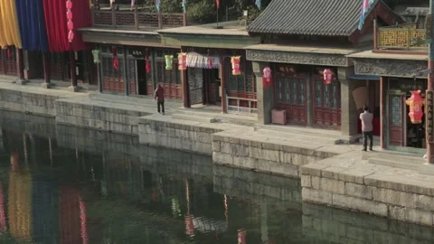 People Walking Along Waterfront Shops at Summer Palace in Beijing China Stock Footage 341782326