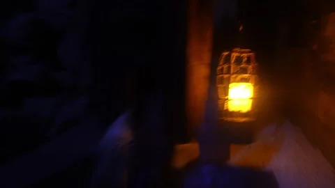 People walking with ancient lanterns in the dark, candlelight,  antiques Stock Footage 260442353
