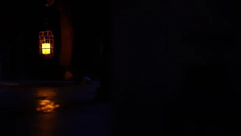 People walking with ancient lanterns in the dark, candlelight,  antiques Stock Footage 260442382